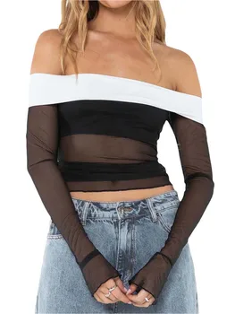 Женские топы Y2K из прозрачного кружева, Y2K с открытыми плечами, с длинным рукавом, без бретелек, облегающая прозрачная сетчатая футболка, сказочные футболки 0