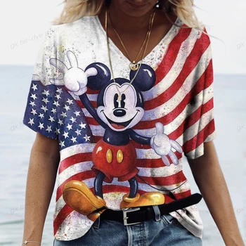 Летняя женская свободная футболка с коротким рукавом и V-образным вырезом, винтажная женская футболка с 3D принтом Диснея, верхняя повседневная одежда с Микки Маусом