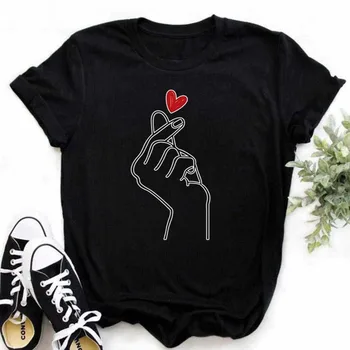Новая футболка с изображением пальца и сердца, женские топы, Корейские футболки с рисунком Ulzzang, Женские модные футболки для девочек 90-х, черная рубашка для девочек