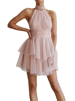 Элегантное Женское платье на бретелях из тюля с сеткой-рюшами и завязкой на спине для женщин - Летнее платье-халат Без рукавов Трапециевидной формы Y2K