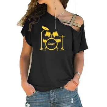 Музыкальный барабан в европейском стиле, современная модная женская футболка, женская художественная мода, футболки с нерегулярной косой повязкой в стиле перекрестной повязки 0