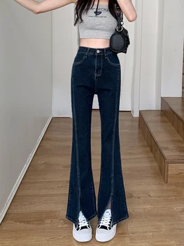 Женские джинсы-клеш с низкой талией, узкие джинсы с высокой резинкой для женщин Pants2023, модные джинсовые брюки в корейском стиле