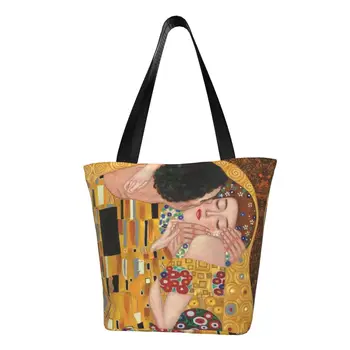 Многоразовая сумка для покупок The Kiss By Gustav Klimt, женская холщовая сумка-тоут, моющиеся сумки для покупок в продуктовых магазинах, художественные картины