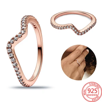 Подлинное кольцо из стерлингового серебра 925 пробы из розового золота со сверкающей волной и кристаллами, Оригинальное Праздничное Ювелирное кольцо в подарок 0